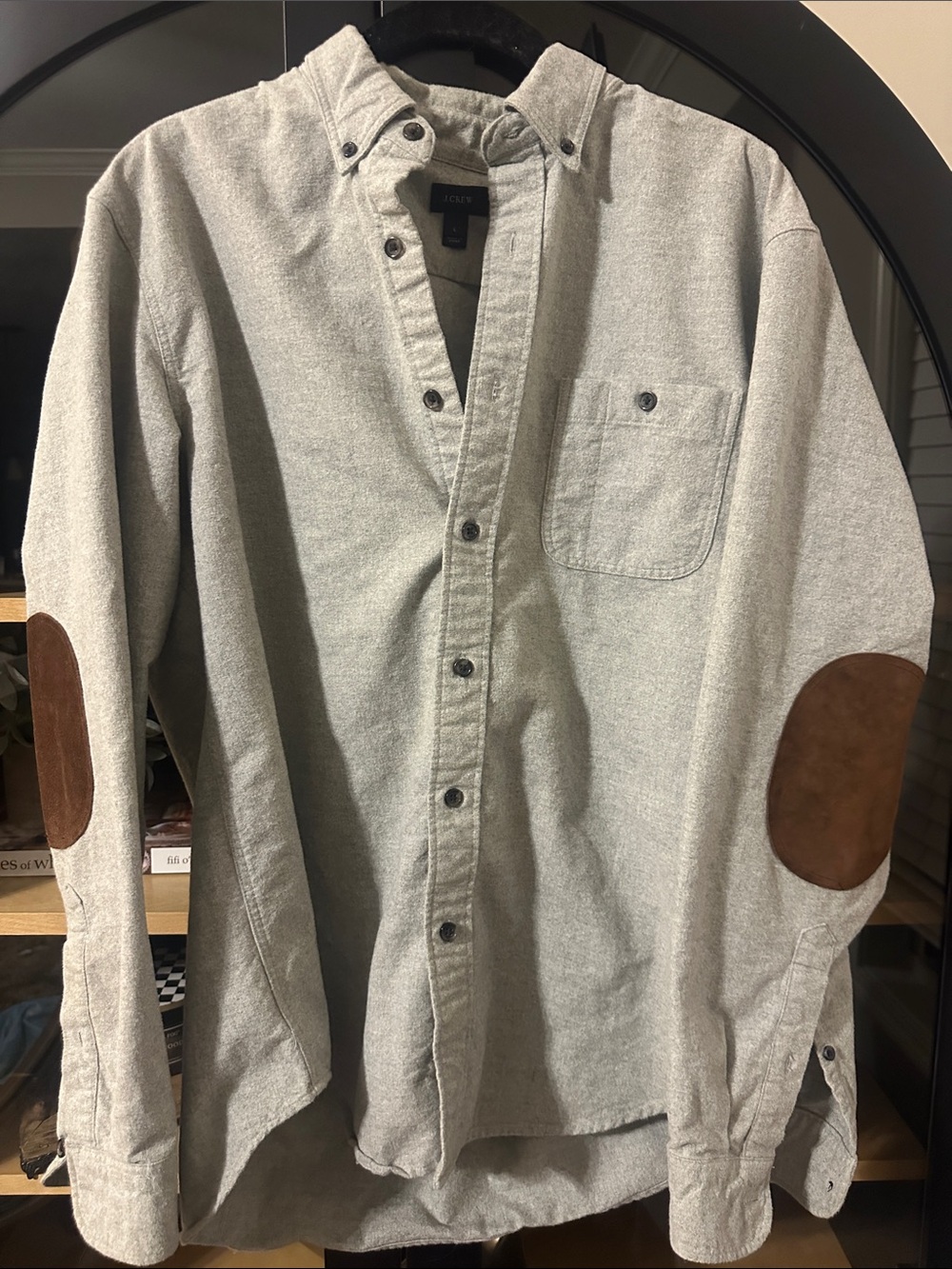 J. Crew Light Gray Button-Down Shirt with Brown Elbow Patches